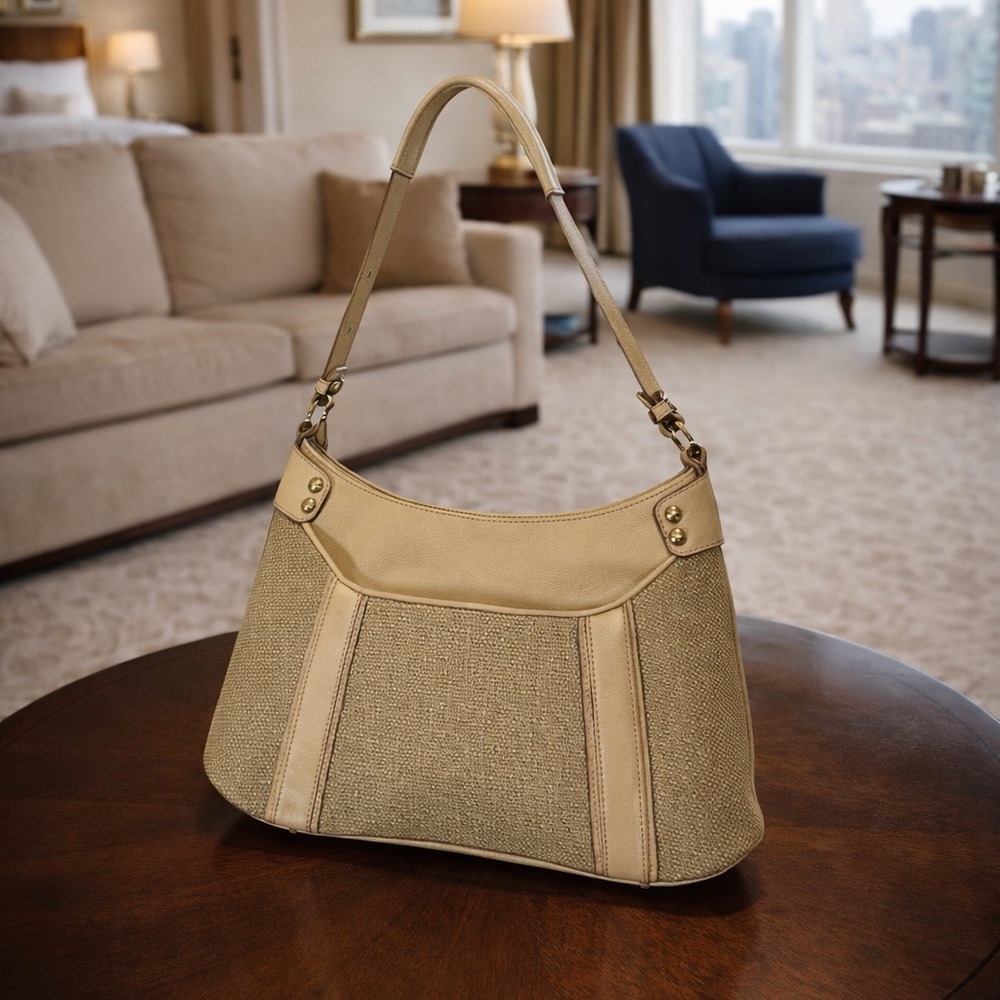 Brahmin Tan Raffia & Leather Shoulder Bag Rare Style EUC - Picture 2 of 13